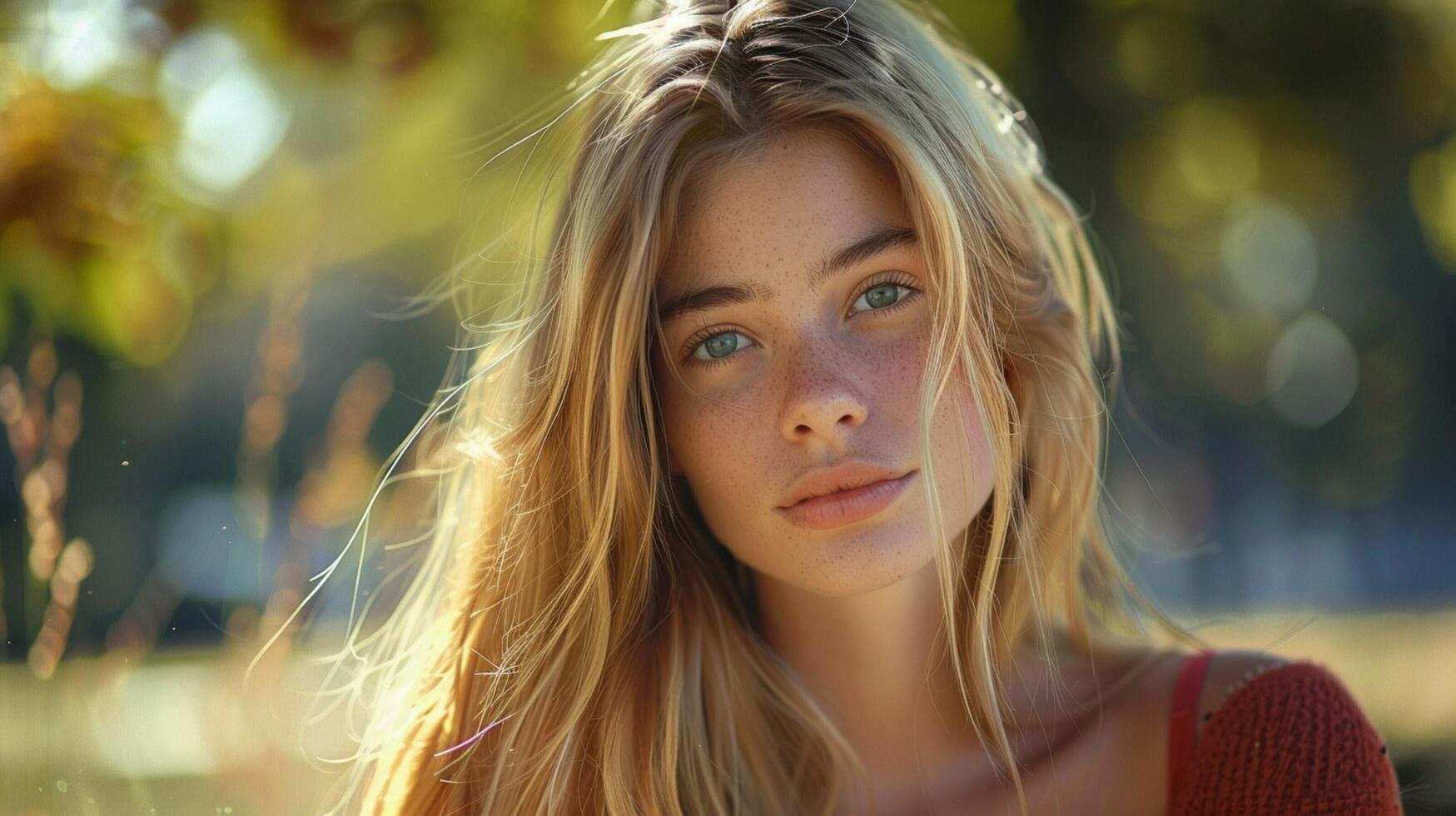 young woman with long blond hair looking at camera photo