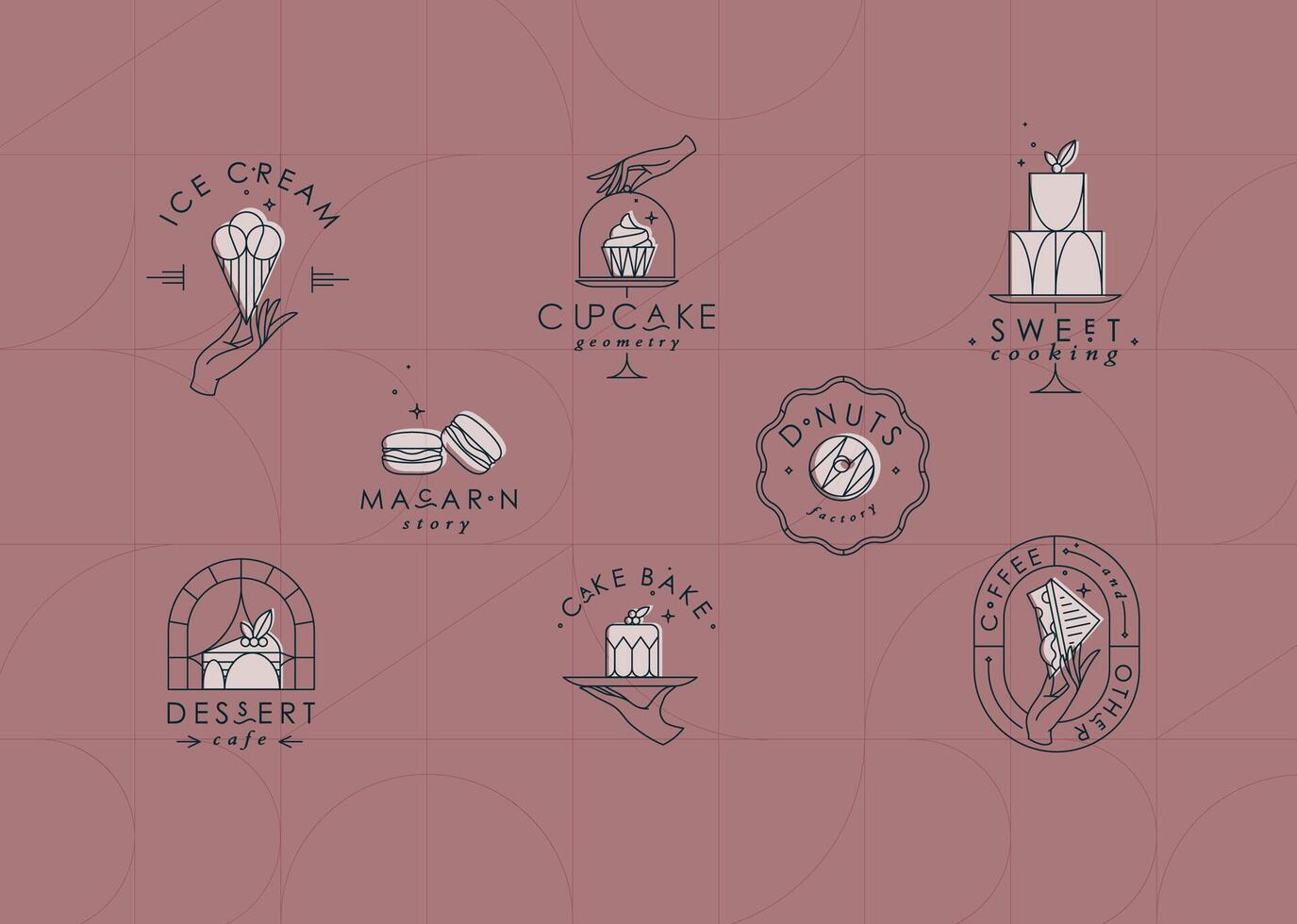 Bakery dessert labels with lettering in art deco style drawing on coral background vector