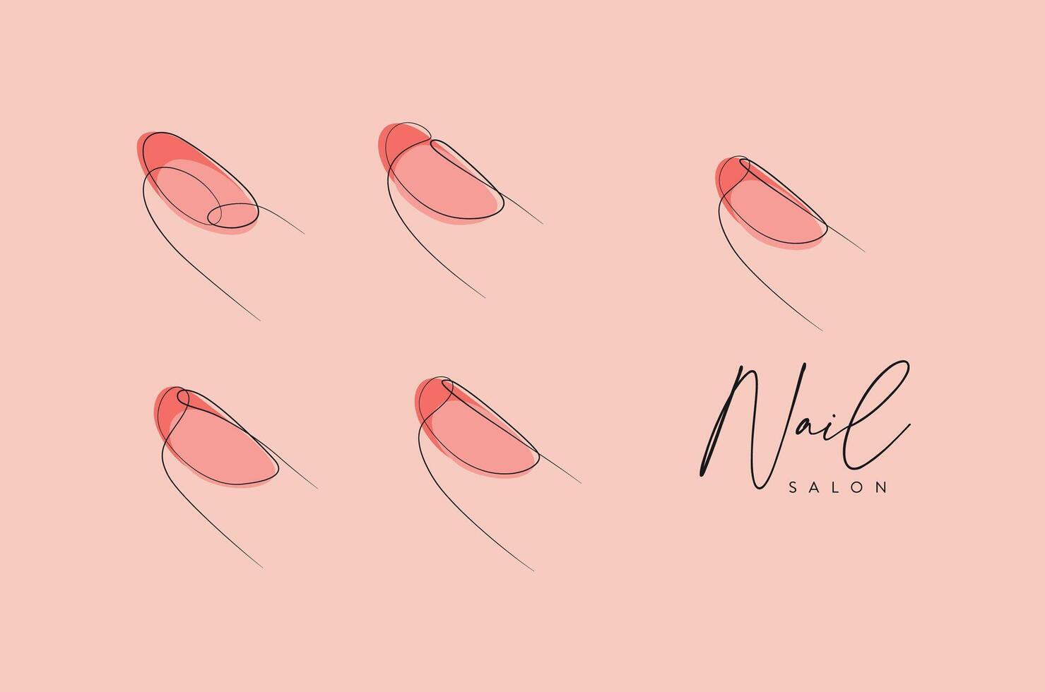Woman fingers with pink round nails drawing in linear style on peach background vector