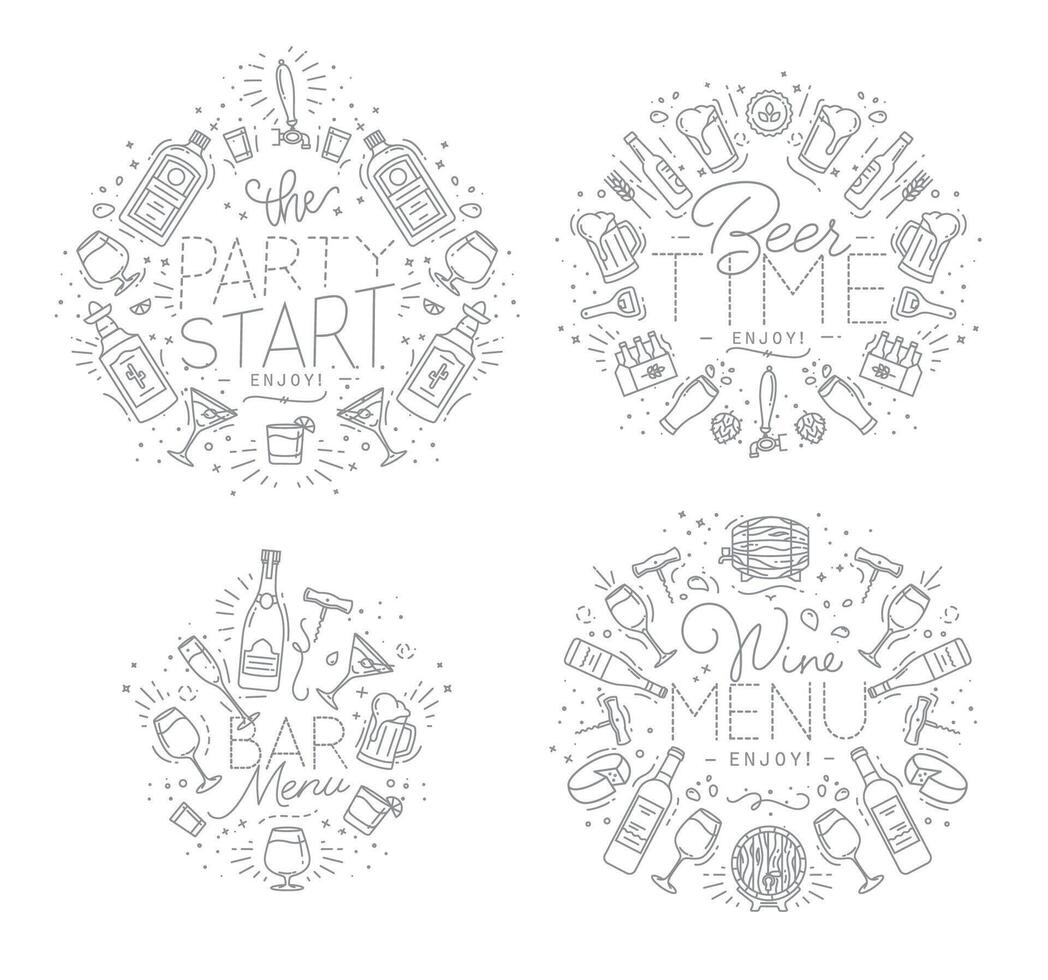 Set of alcohol monograms in flat style drawing with grey lines on white background vector