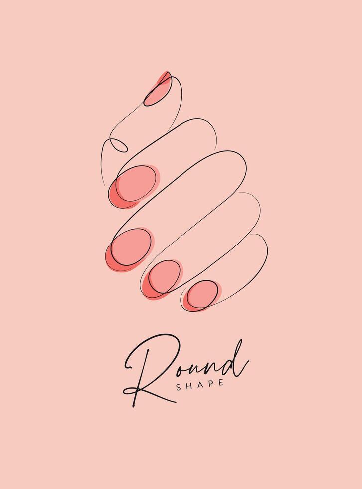 Woman hand with pink round nails drawing in linear style on peach background vector