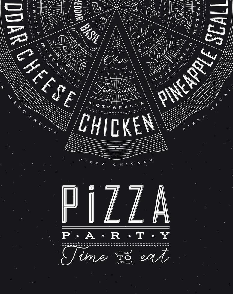 Poster featuring slices of various pizzas, chicken, seafood, pepperoni, cheese, margherita with recipes and names showcased in pizza party time to eat lettering, drawn on a black background. vector
