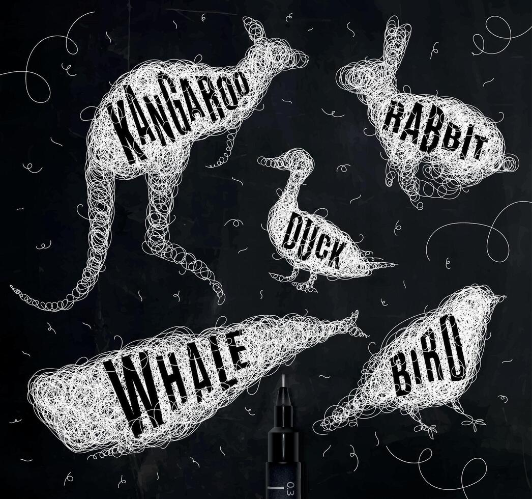 Pen hand drawing tangle wild animals duck, whale, bird, rabbit, kangaroo with inscription names of animals drawing with white ink on black background vector
