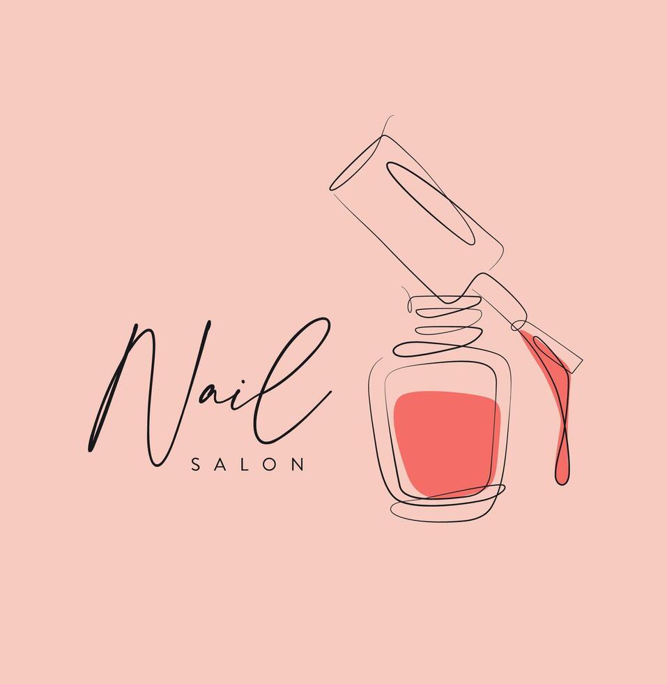 Nail polish pink bottle with brush and lettering salon drawing in linear style on peach background vector