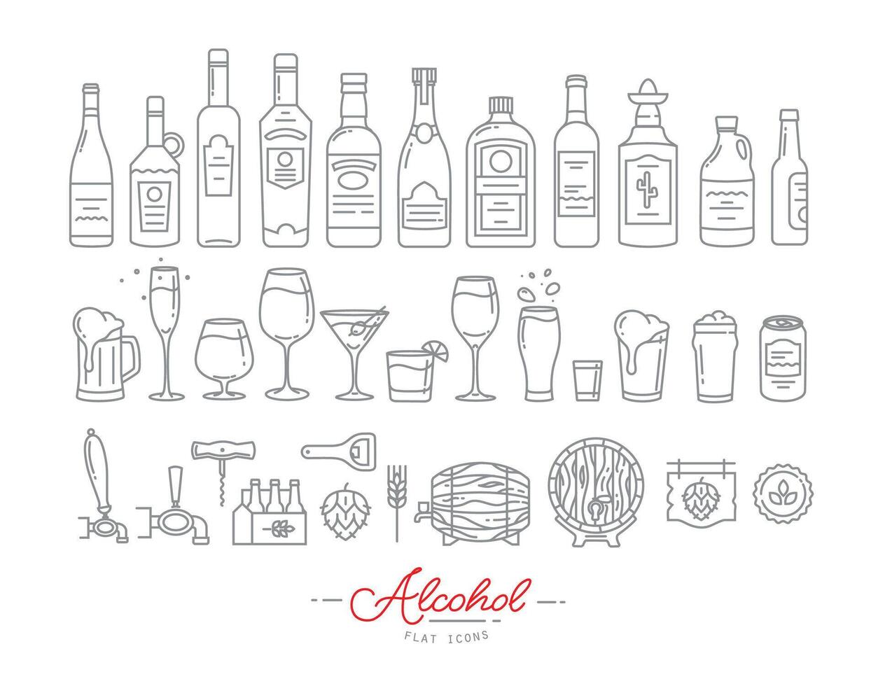 Set of alcohol icons in flat style drawing with grey lines on white background vector