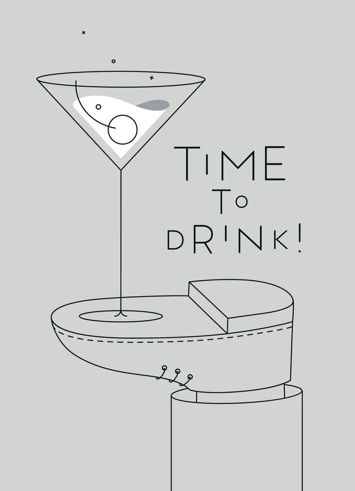 Alcohol poster. Manhattan cocktail glass with lettering time to drink stands on foot drawing in line art style on grey background vector