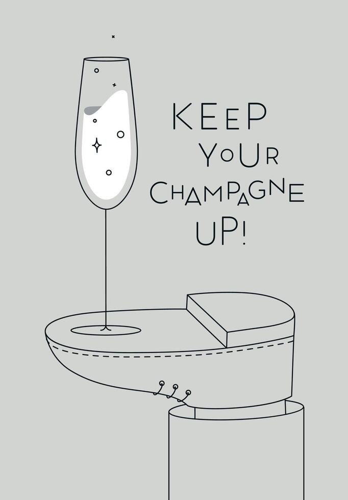 Alcohol poster. Champagne glass with lettering stands on foot drawing in line art style on grey background vector