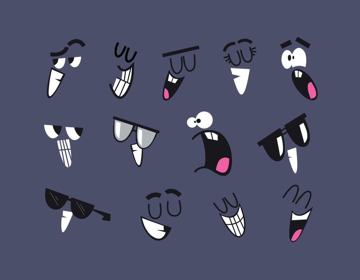 Emotion smile faces drawing in cartoon style on dark background vector