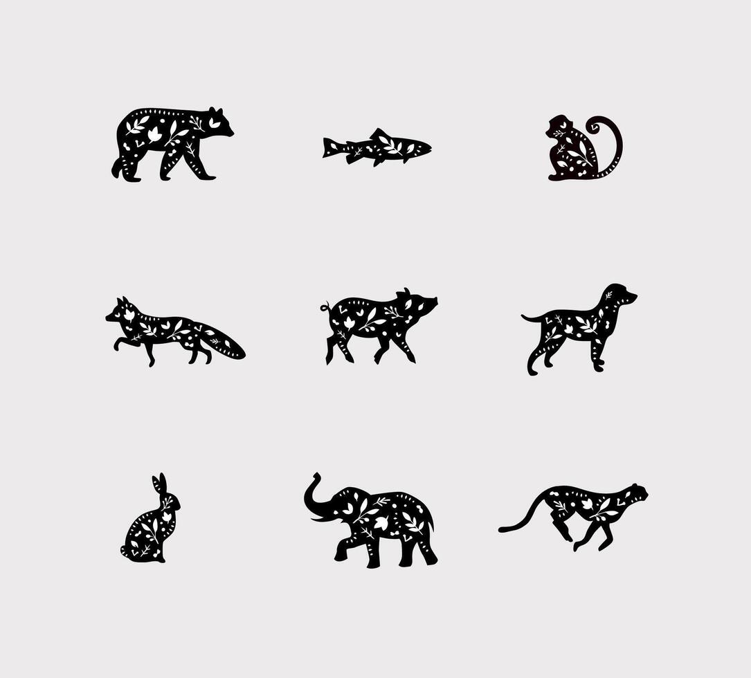 Set of animals floral graphic silhouettes bear, fish, monkey, fox, pig, dog, rabbit, elephant, cheetah drawing on dirty background vector