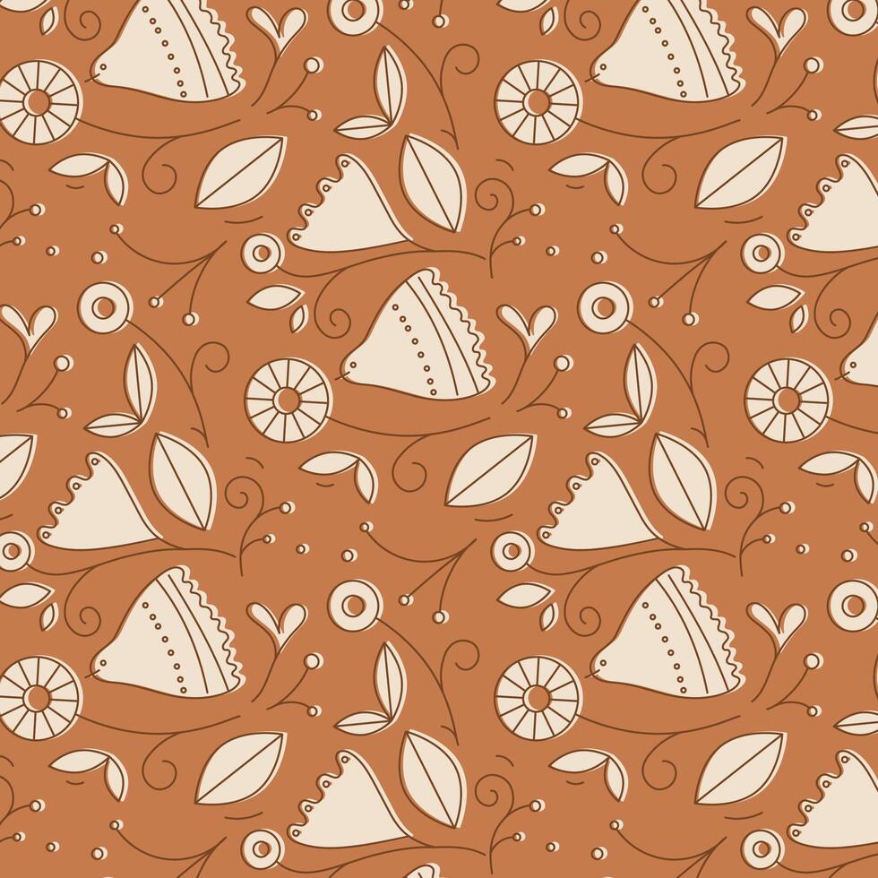Ethnic floral and bird pattern drawing in linear style on mustard background vector