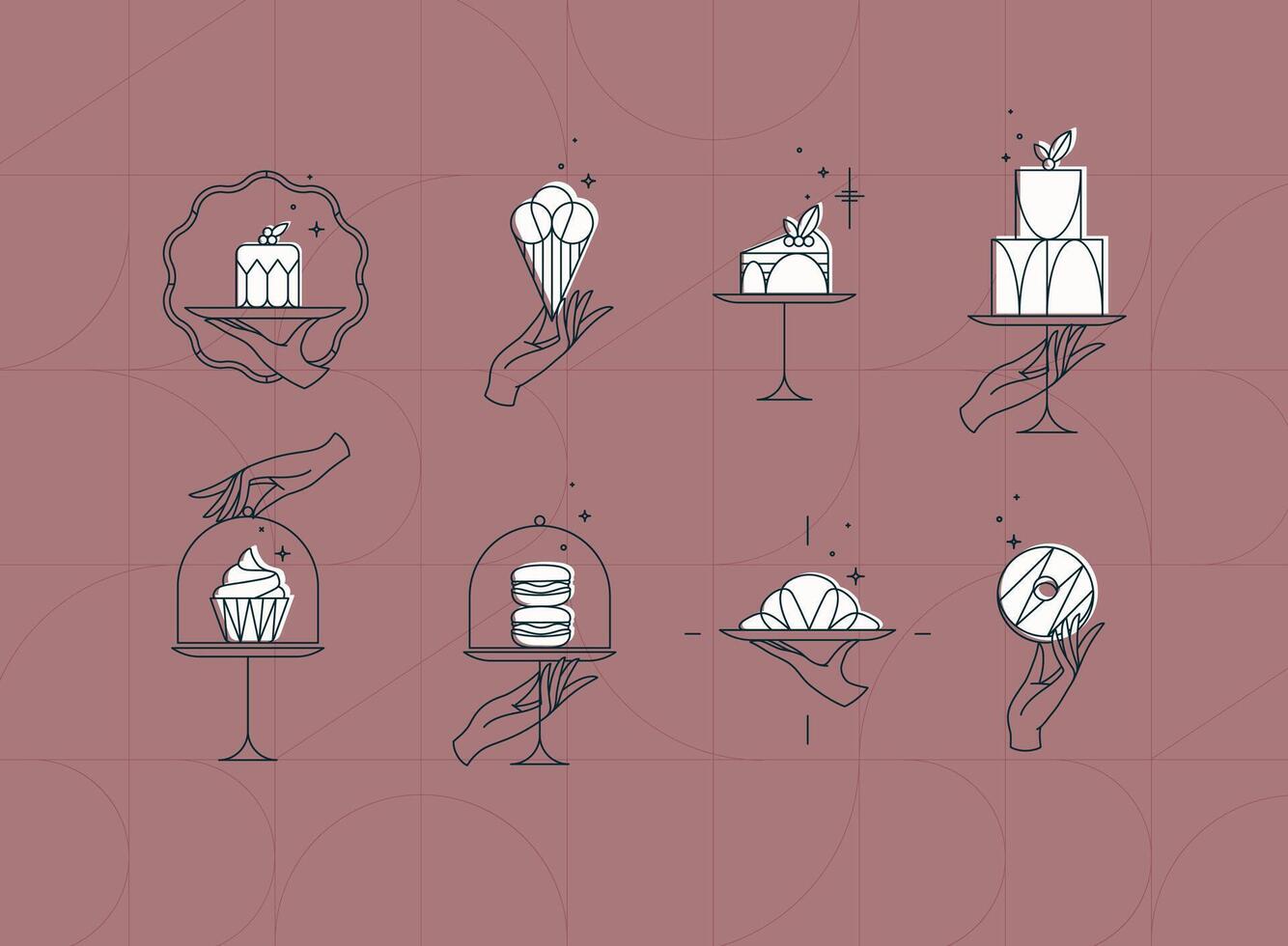 Desserts on cake stand in art deco style labels drawing on coral background vector