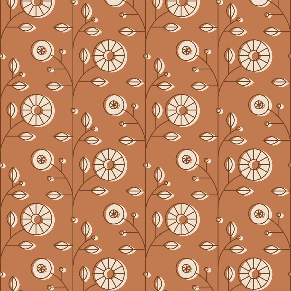 Ethnic floral pattern drawing in linear style on mustard background vector