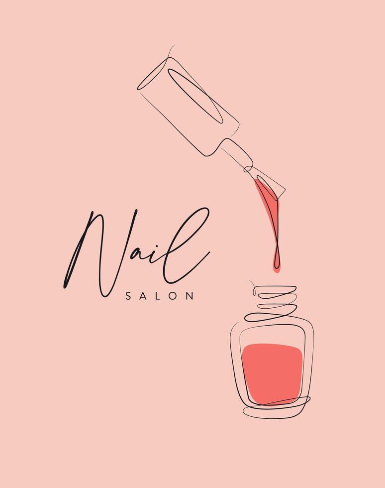 Nail polish pink bottle lettering salon drawing in linear style on peach background vector