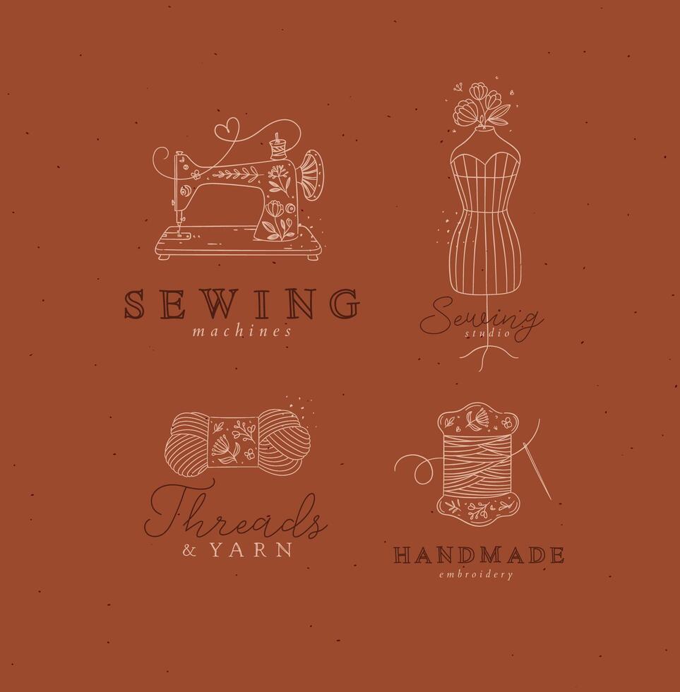 Sewing symbols machine, mannequin, wool, thread with lettering drawing in floral style on mustard background vector