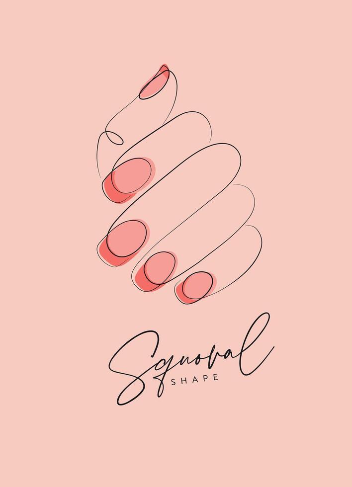 Woman hand with pink oval shape nails drawing in linear style on peach background vector