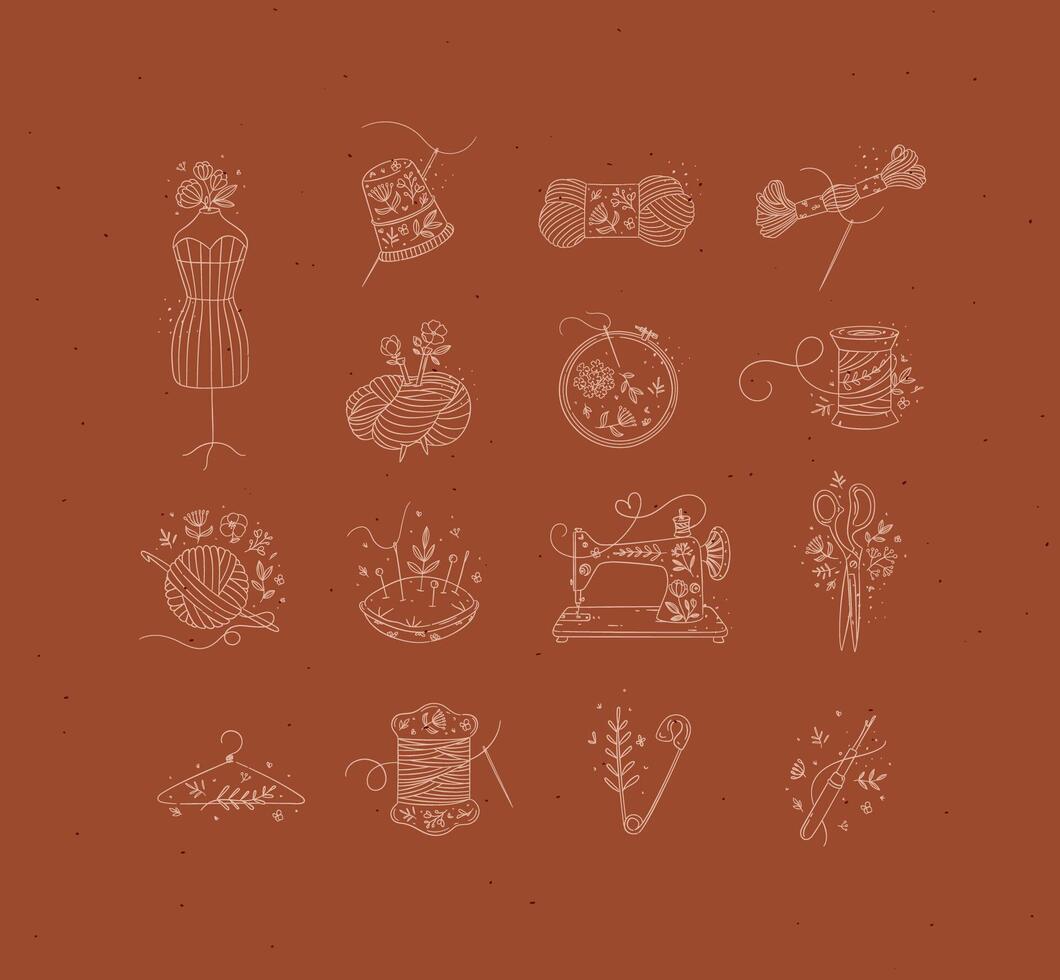 Sewing item icons scissors, mannequin, pin, thimble, wool, threads, yarn, skein, bobbin, pillow, sewing machine, hanger embroidery circle hook drawing in floral style on mustard background vector