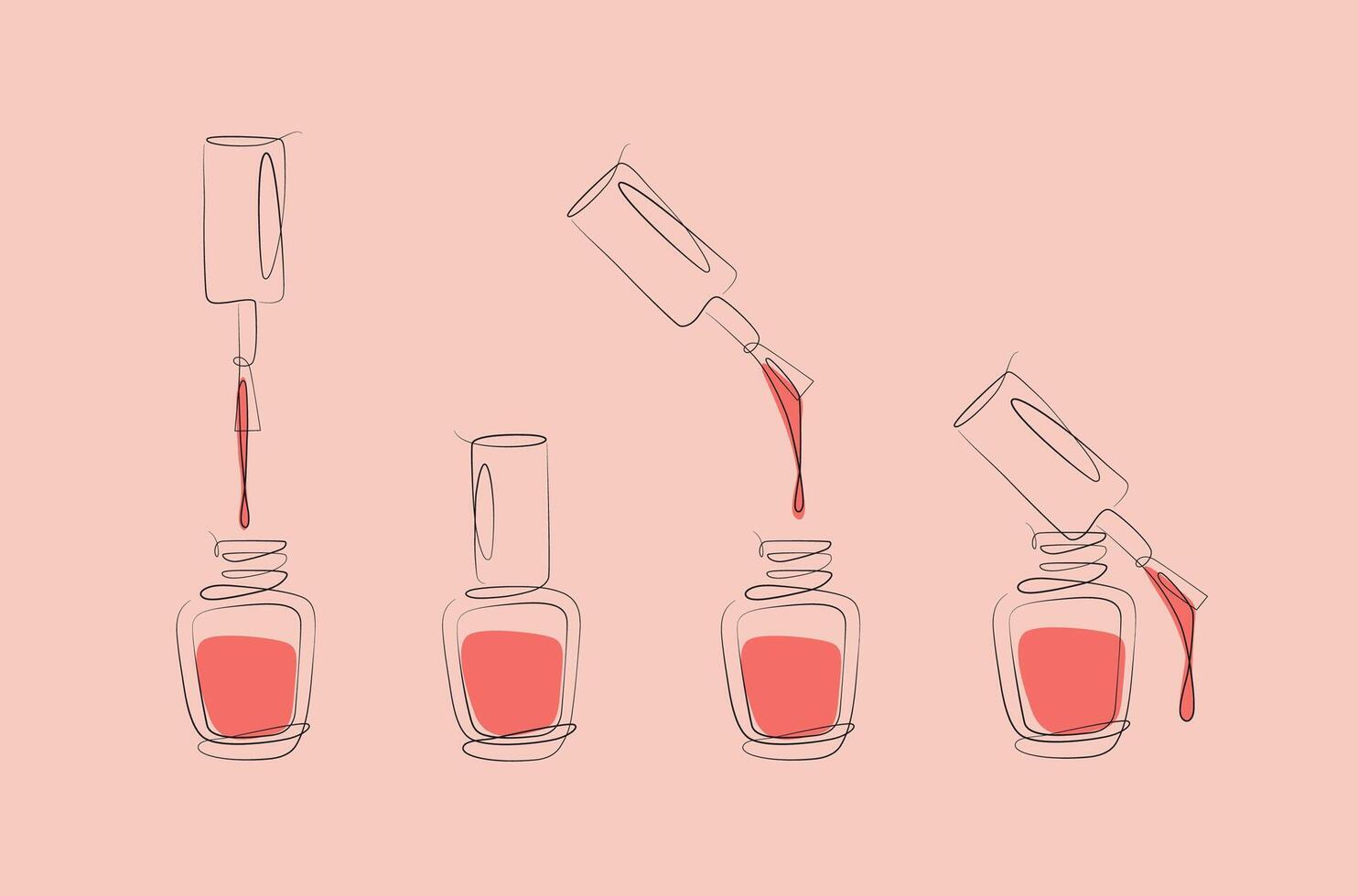 Nails polish bottles and brushes drawing with pink color in linear style on peach background vector