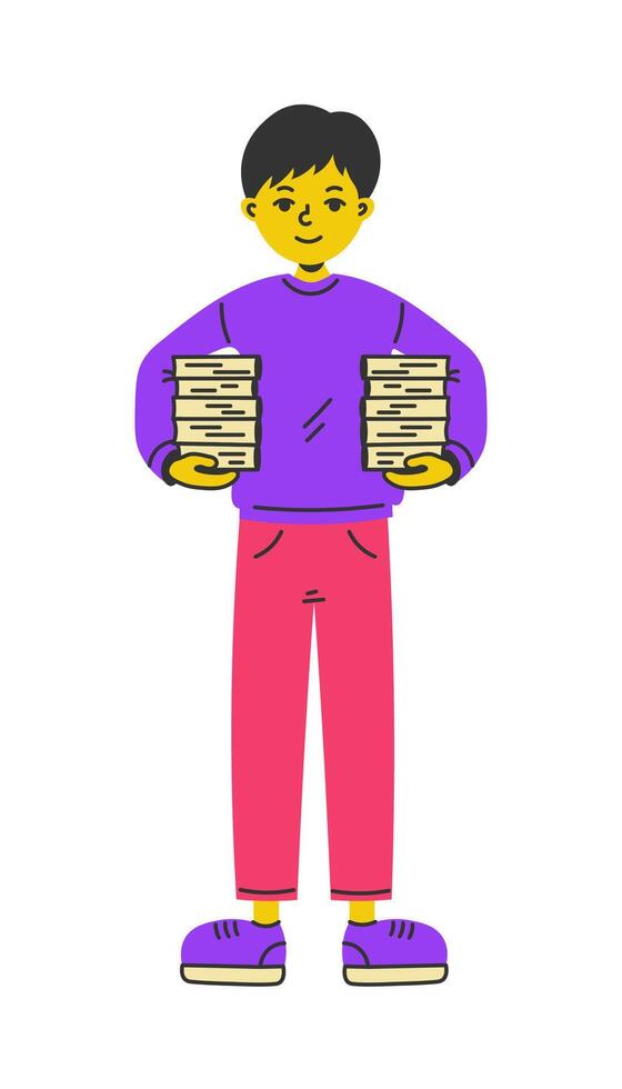 Young Man holding Stacks of Books in two hands vector