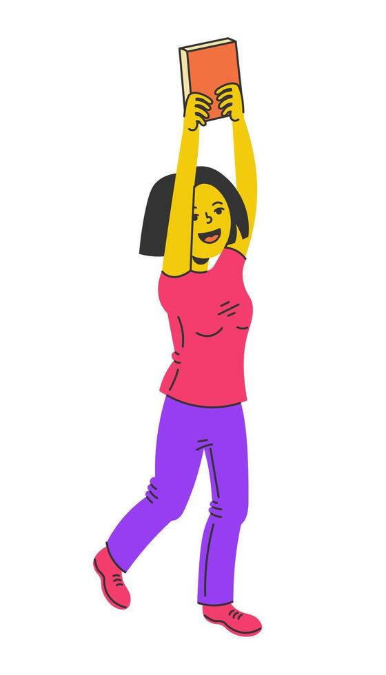 Happy Young Woman Jumping with Book vector
