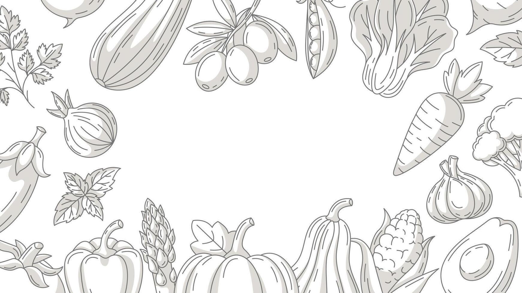 Fresh and healthy farm vegetables, minimalist horizontal banner, monochrome veggies icons frame. Space for text, isolated background. Organic product. For poster, menu, flyer, cover, invitation vector