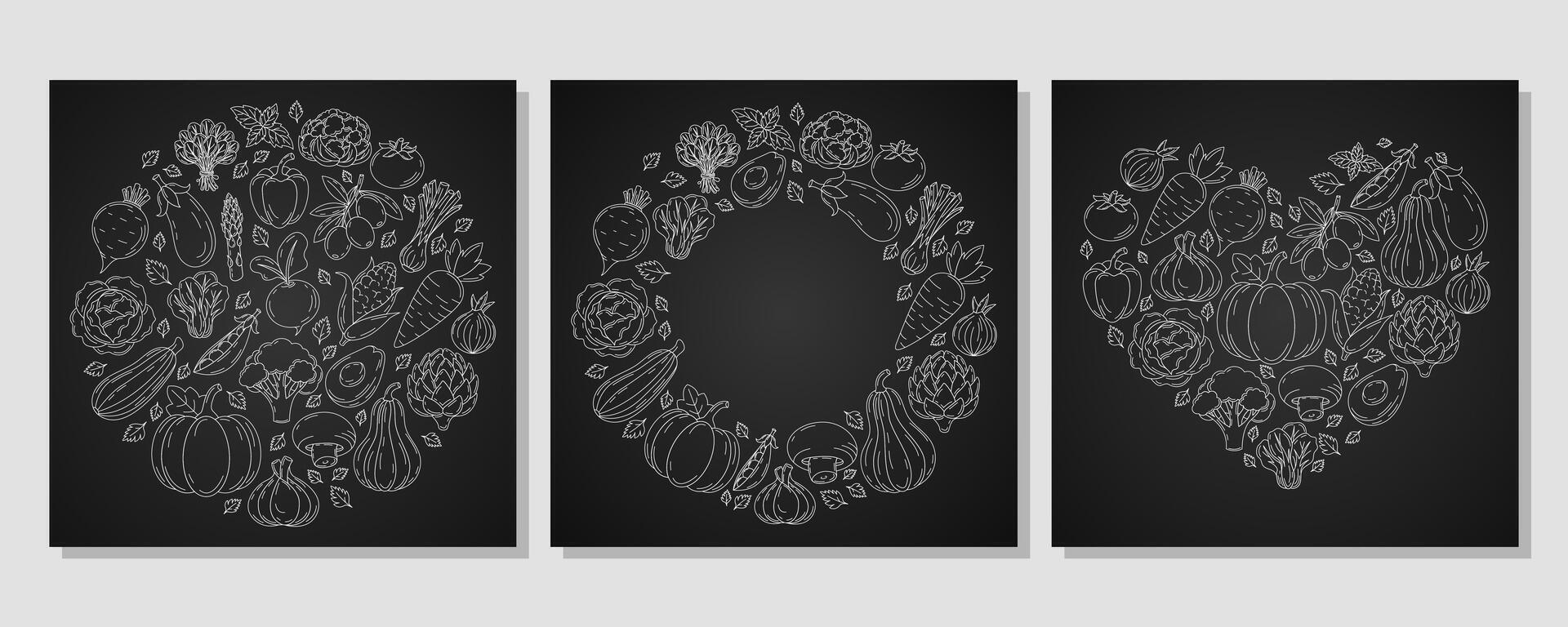 Set of square card heart and round shape form with farm fresh vegetables and greens. Veggies white line icons, isolated dark background. Organic products. For poster, menu, social media vector