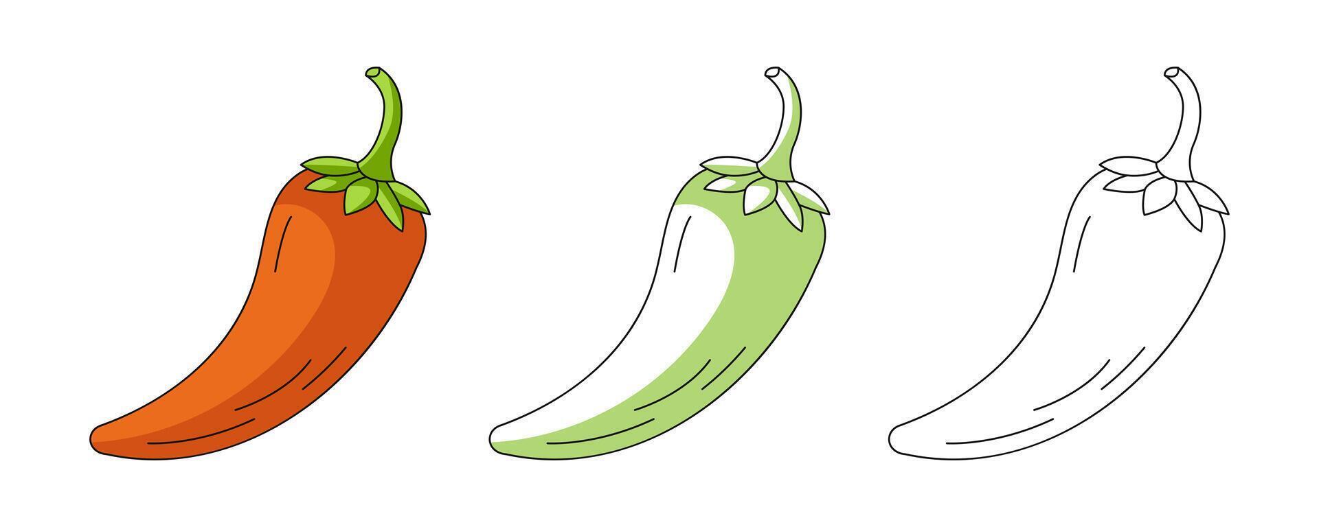 Chili pepper, colorful and line icons set. Farm vegetable outline icon, monochrome and color illustration. Healthy nutrition, organic food, hot spice. For sticker, logo, coloring book vector