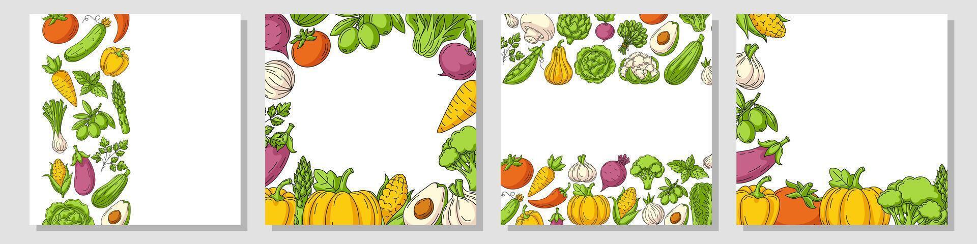 Set of colorful square cards, various border frame, veggies icons. Fresh, healthy farm vegetables. Space for text, isolated background. For poster, banner, menu, flyer, cover, social media vector