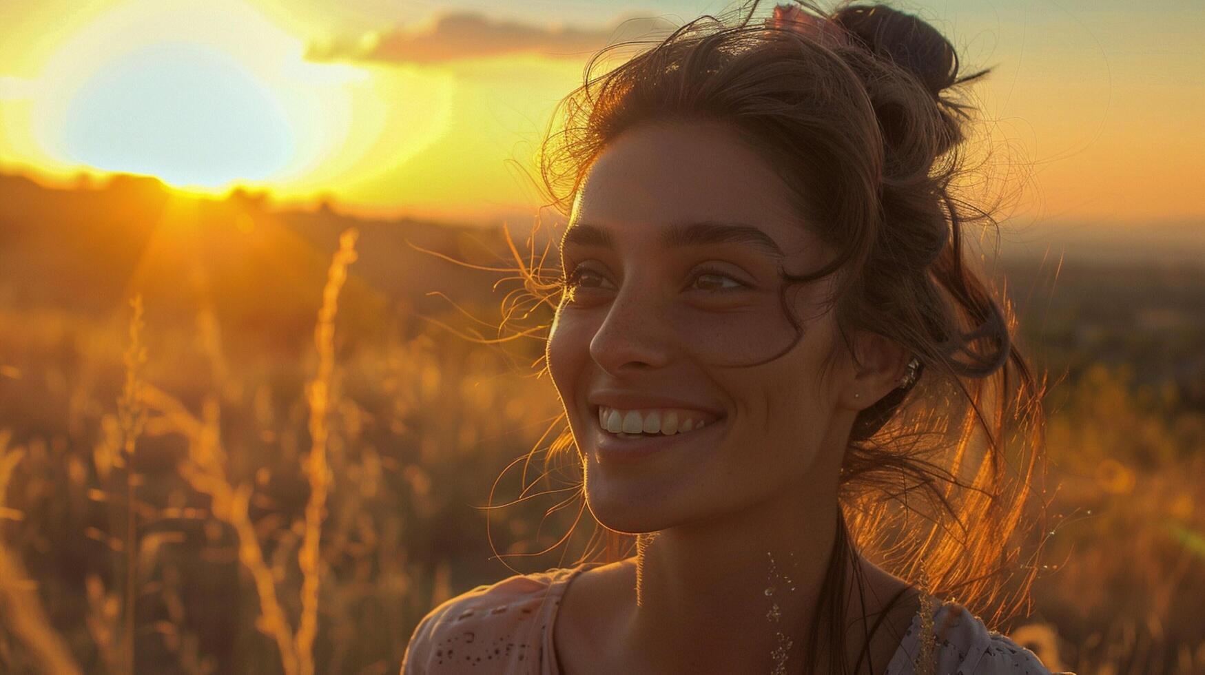 young woman smiling in nature at sunset detailed photo