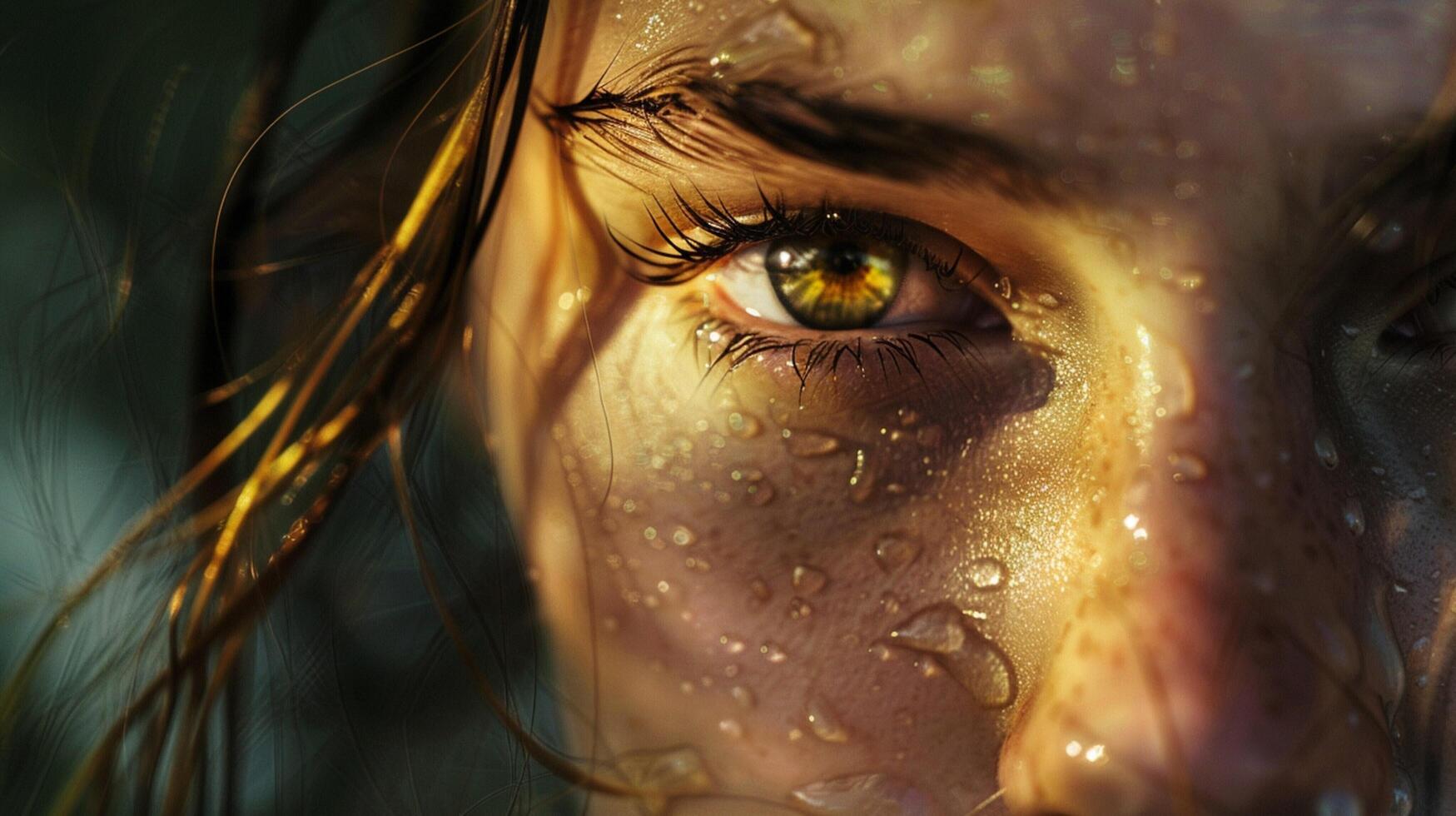 young woman wet eye looking at camera reflecting photo