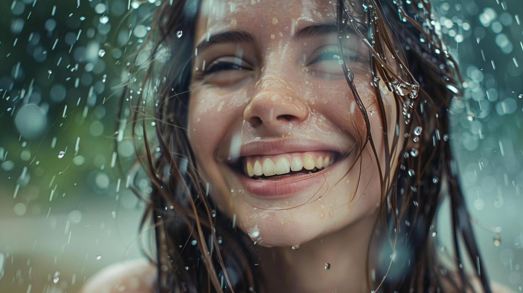 young woman smiling wet hair looking at camera photo