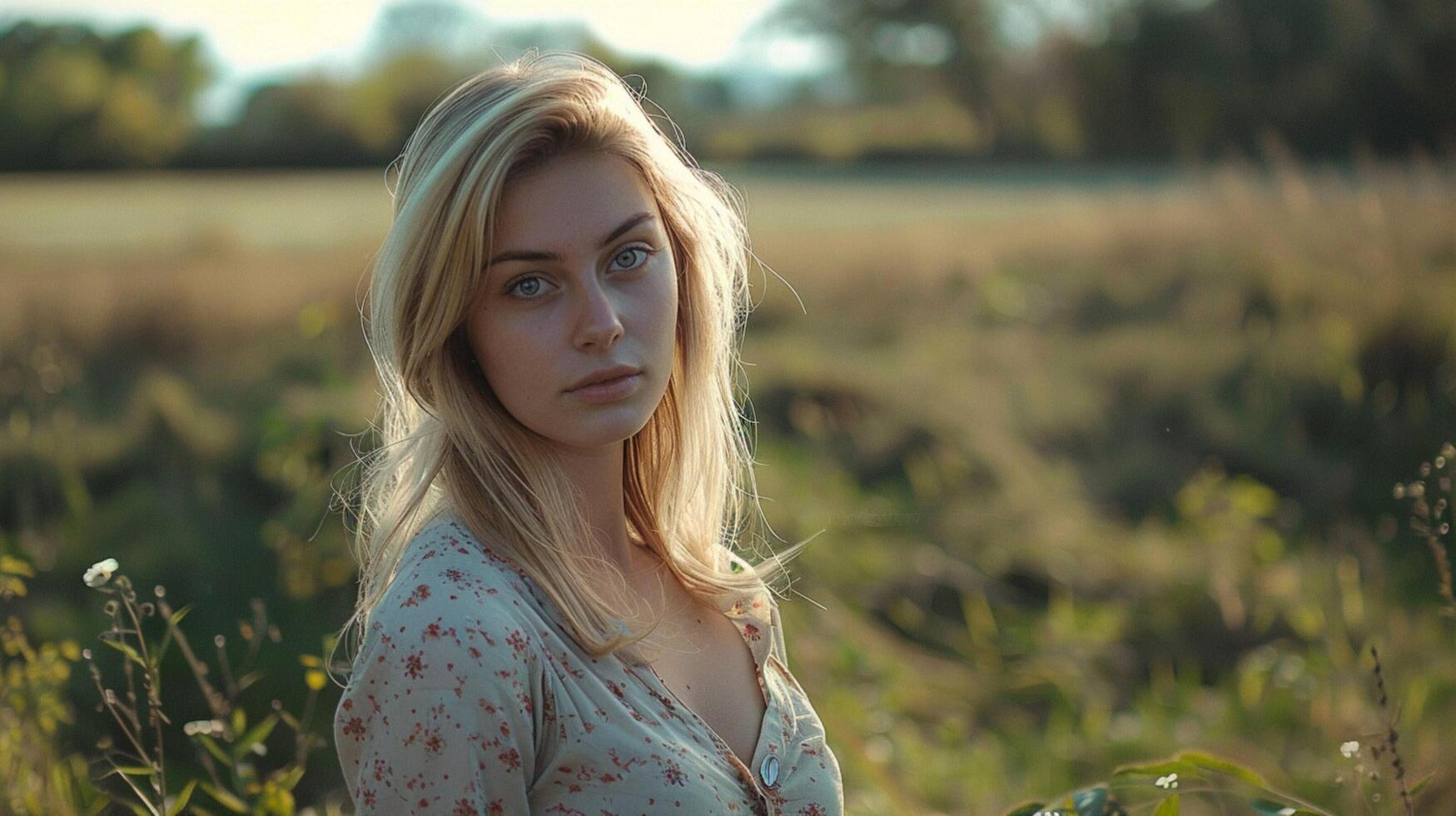 young woman with blond hair looking at camera photo
