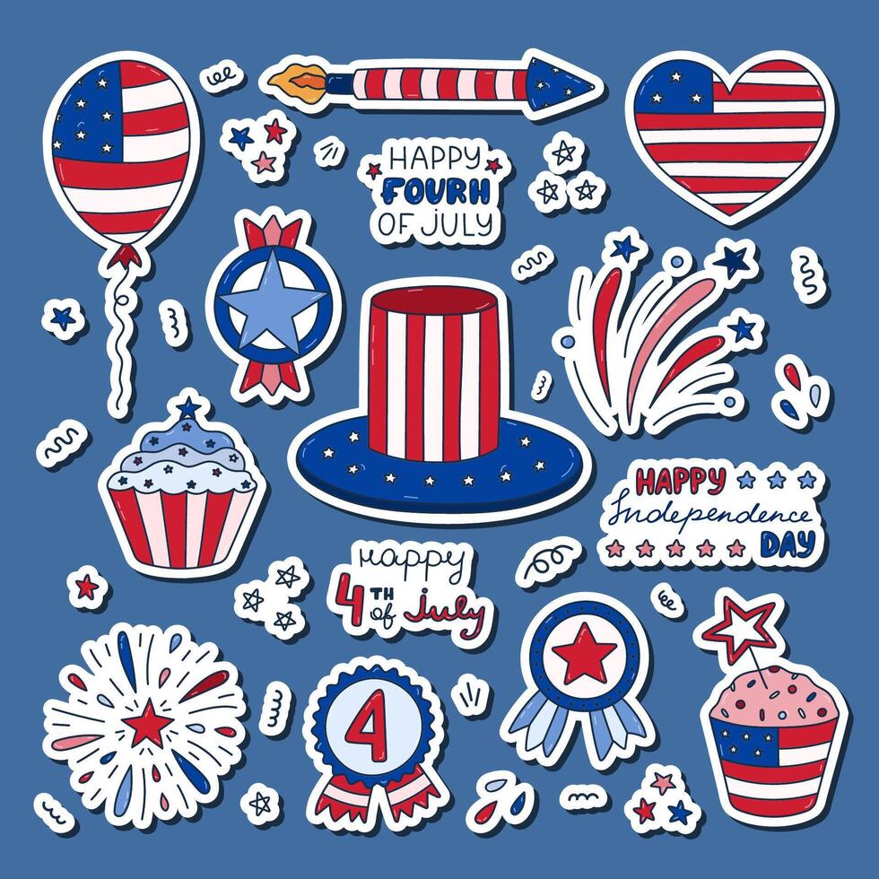 Cute set of stickers with doodle patriotic symbols of USA Independence day for planners, notebooks. Ready for print list of cute stickers. Fireworks, hat, medal, cupcake, balloons, flag, lettering vector