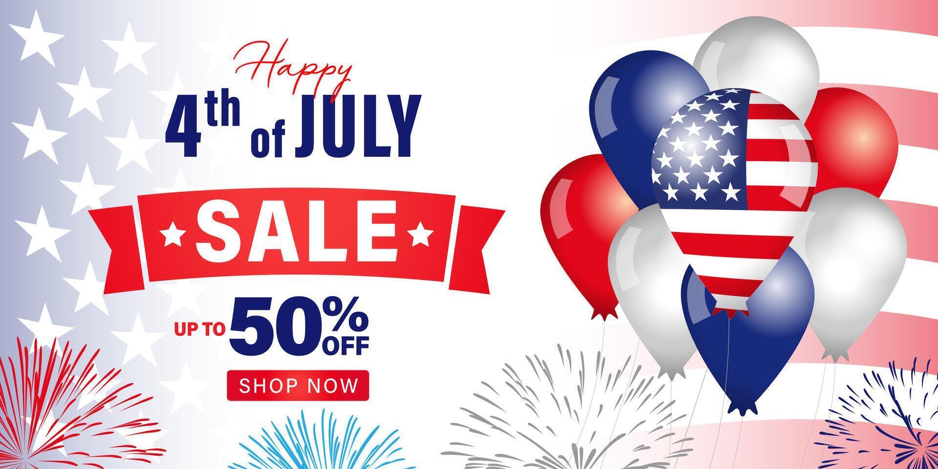 Happy 4th of July SALE, up to 50 percent off banner with USA flag and 3D balloons vector