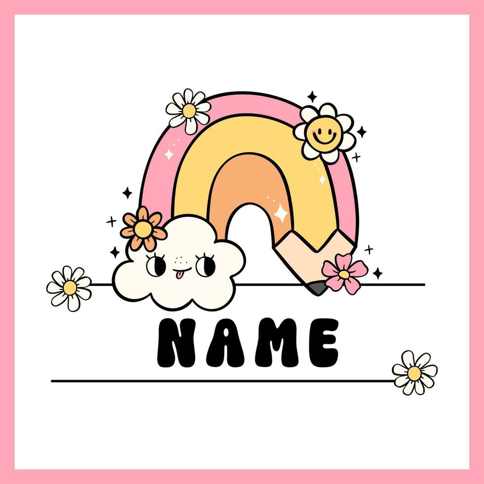 Groovy Retro School Frame Monogram Name Rainbow pencil Cartoon Doodle Drawing vector