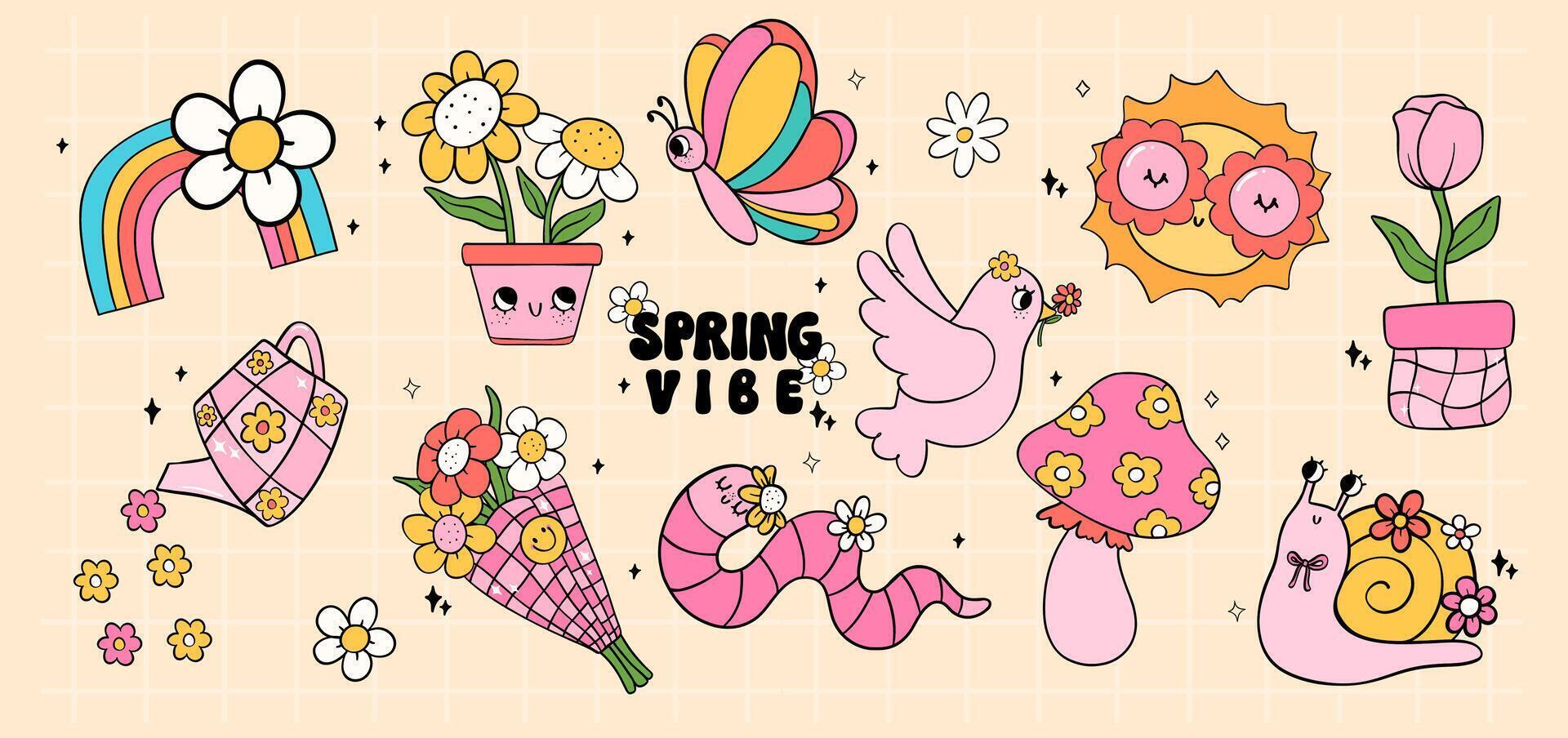 Vibrant Retro groovy Spring flower power vintage 90s item with flower collection doodle line drawing vector