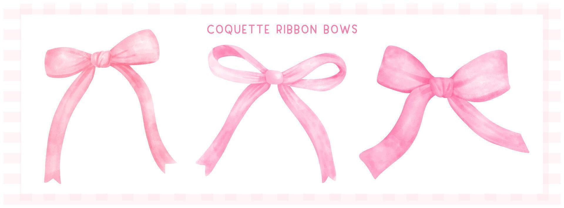 Cute Coquette pink ribbon bows banner Preppy Aesthetic Vintage watercolor illustraion set vector