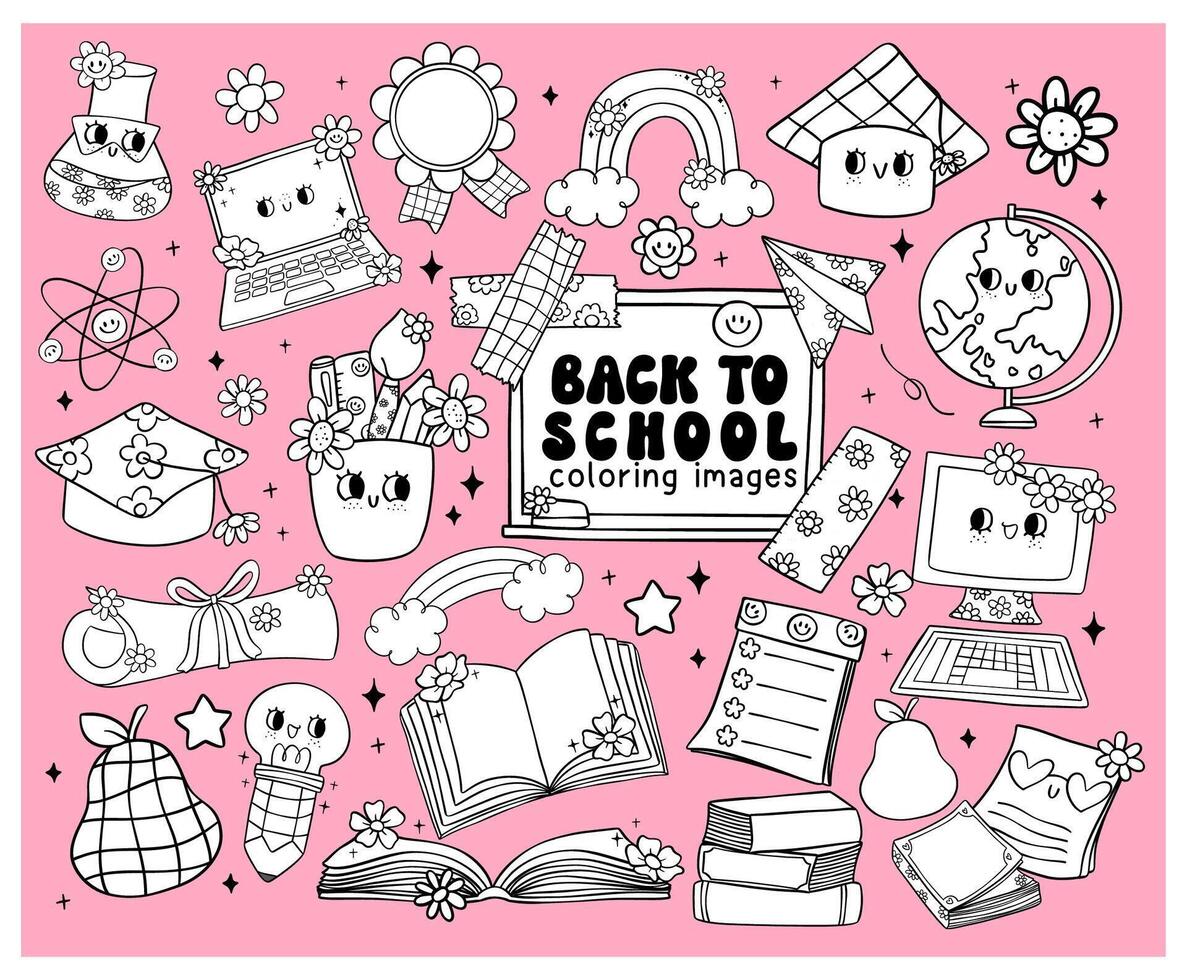 Groovy Retro School Supplies Cartoon Outline Doodles for Coloring, back to school images vector
