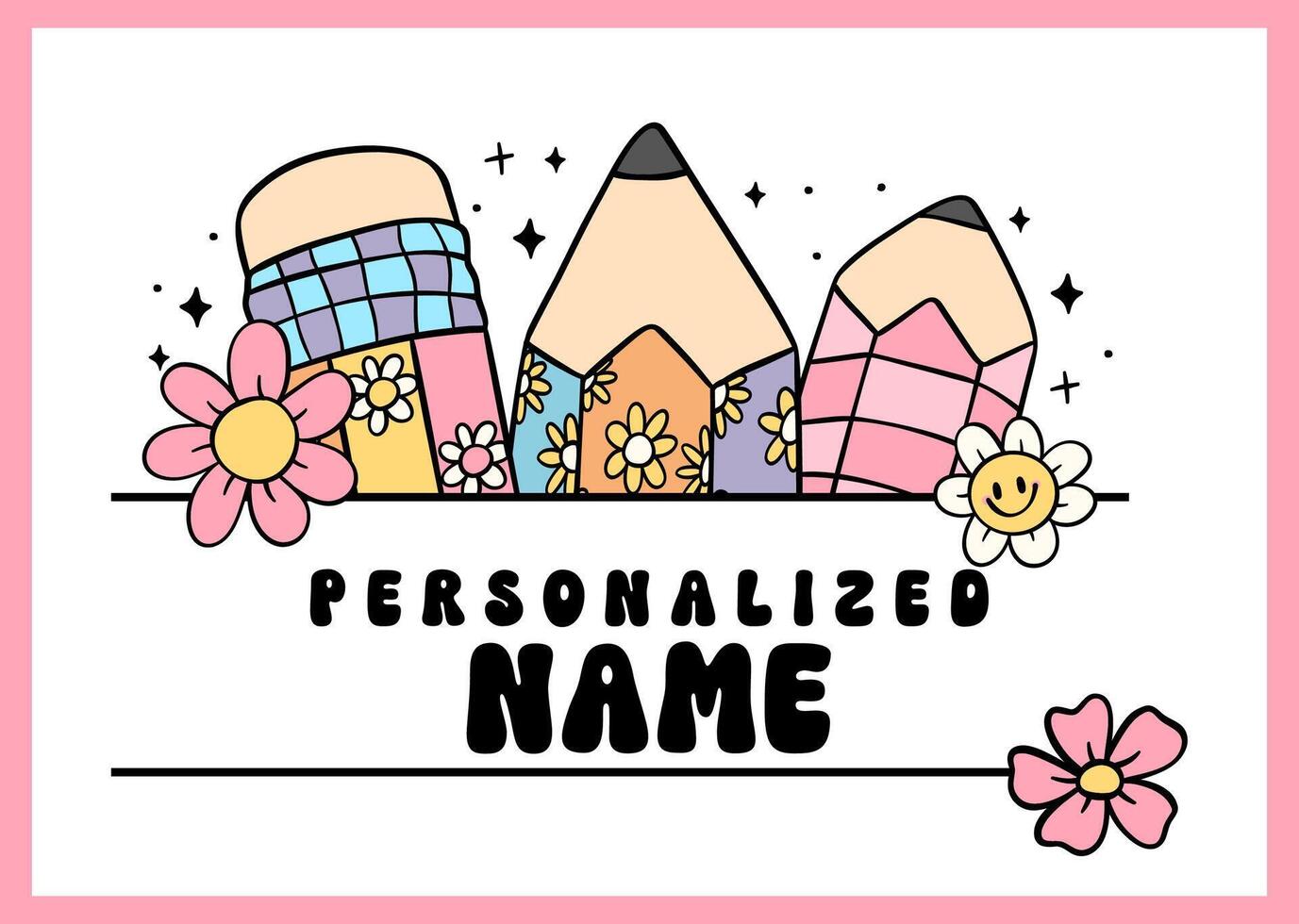 Groovy Retro School Pencil Frame Monogram Name Cartoon Doodle Drawing vector