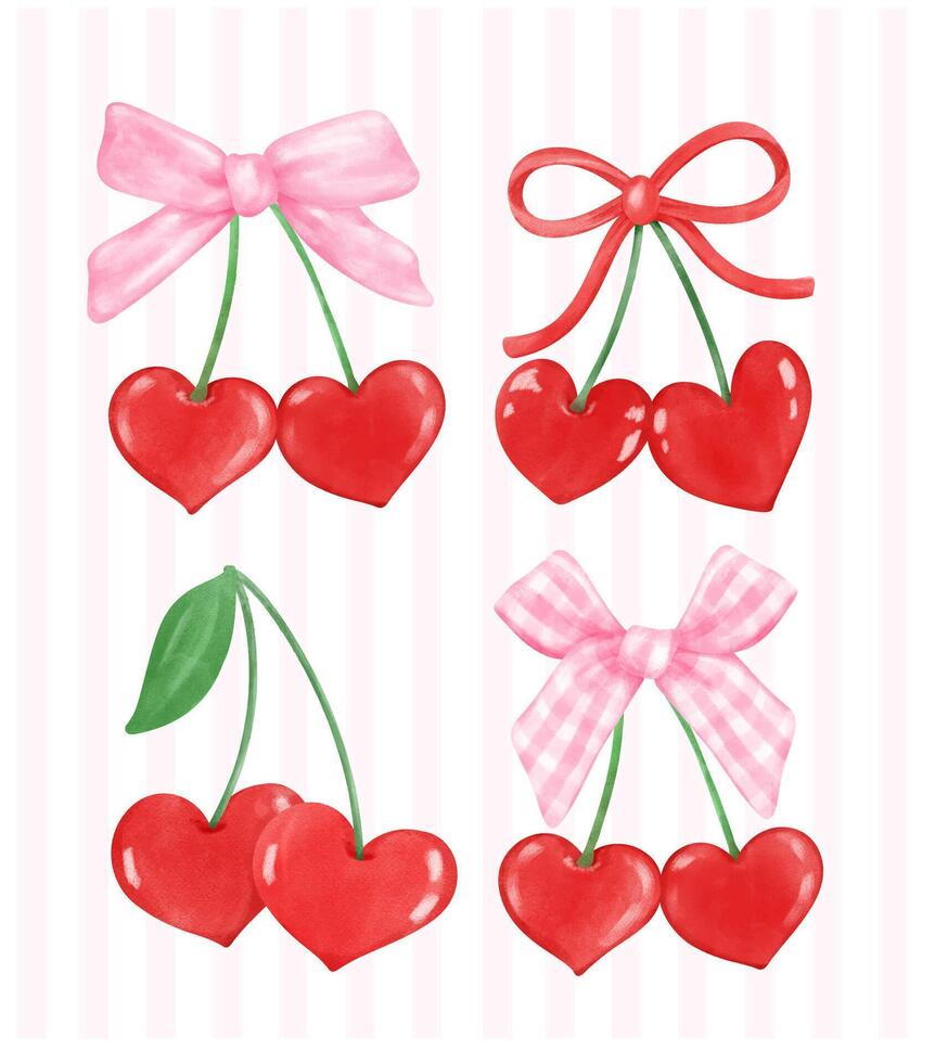 set of Retro Coquette Red Heart cherries with pink ribbon bow, aesthetic watercolor hand drawing collection vector