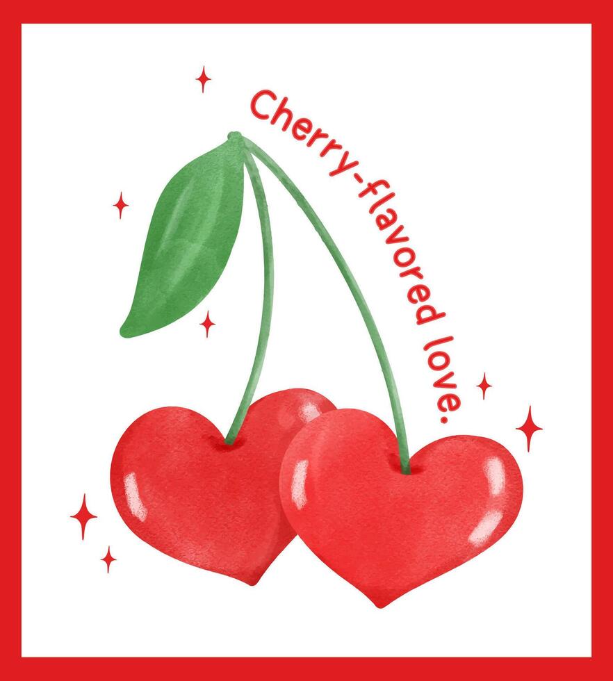Retro Coquette Red Heart cherries with green leaf, aesthetic watercolor hand drawing vector