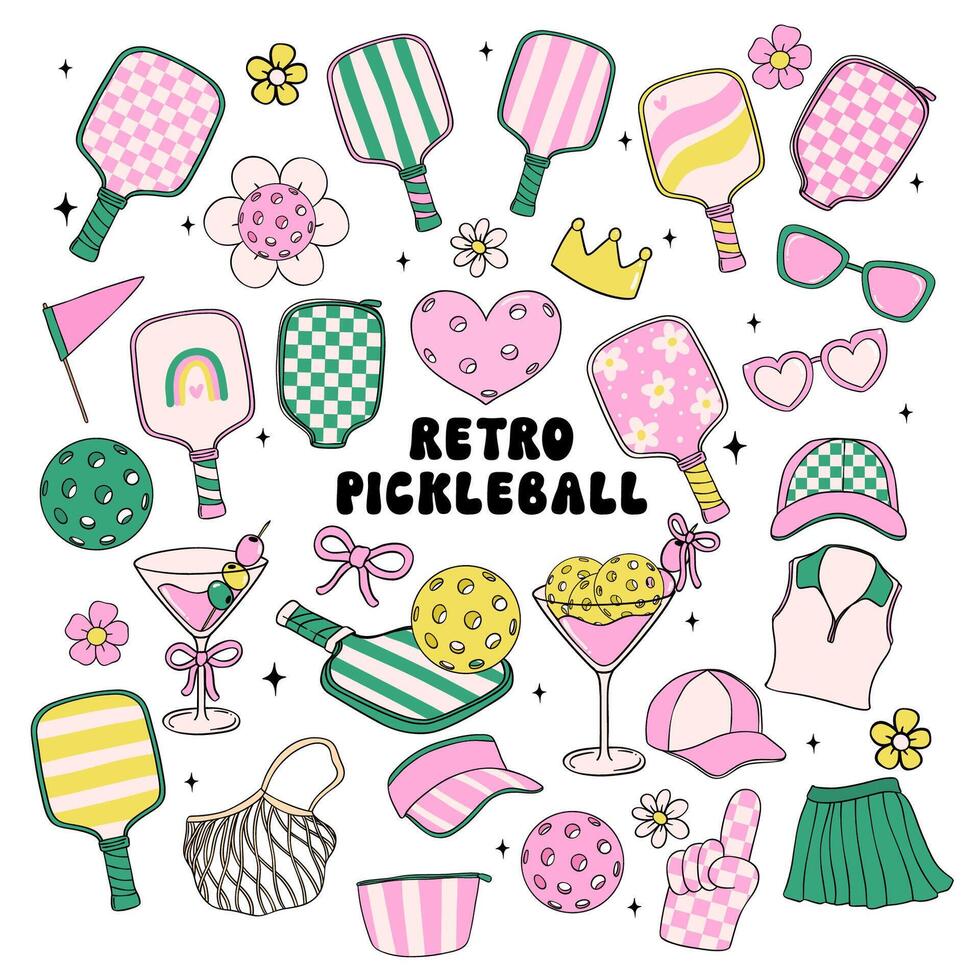 Retro Groovy Pickleball Trendy Collection Doodle Drawing pink and green element set. vector