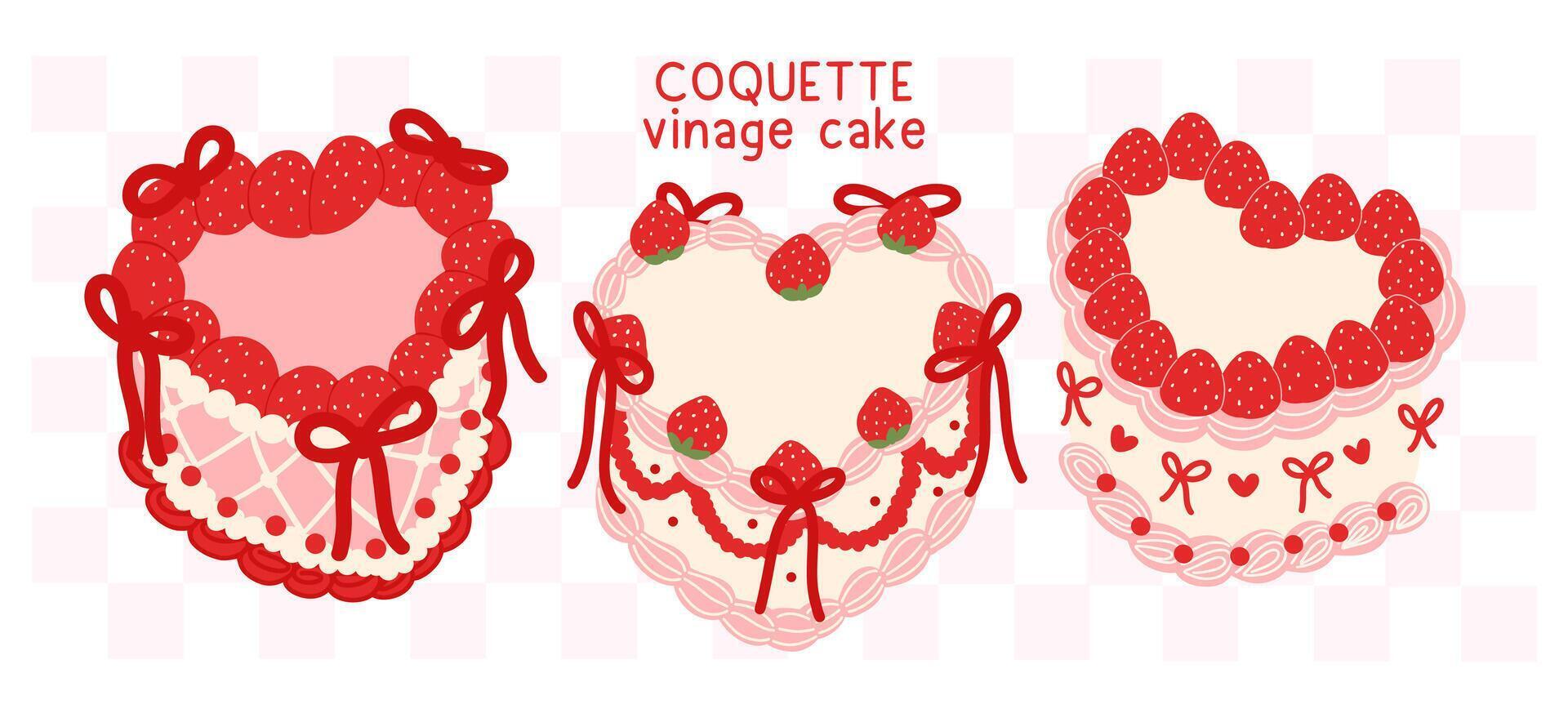 Coquette Vintage Heart shape Cake Strawberries with ribbon bow collection Illustration Groovy Retro Design banner vector
