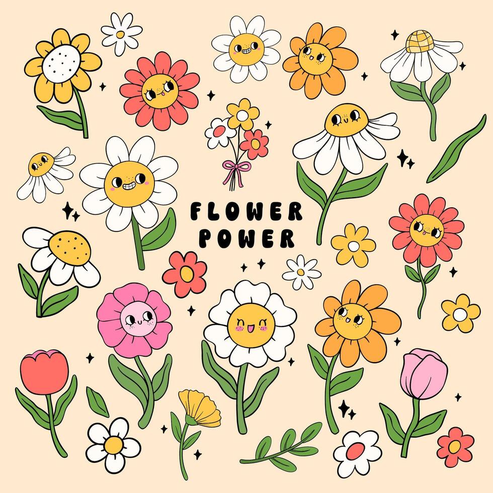 Vibrant Retro groovy Spring flower power vintage flower characters collection doodle line drawing vector