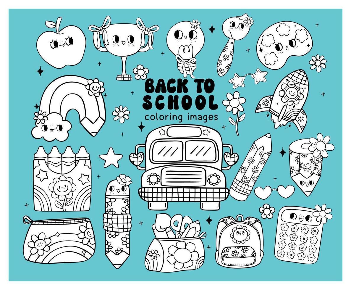Groovy Retro School Supplies Cartoon Outline Doodles for Coloring, back to school images vector