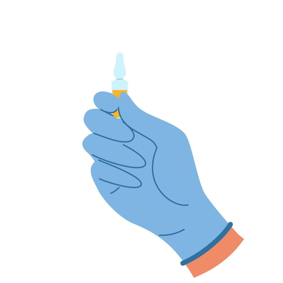 Hand in blue gloves with ampoule with liquid for beauty injection. Health concept vector