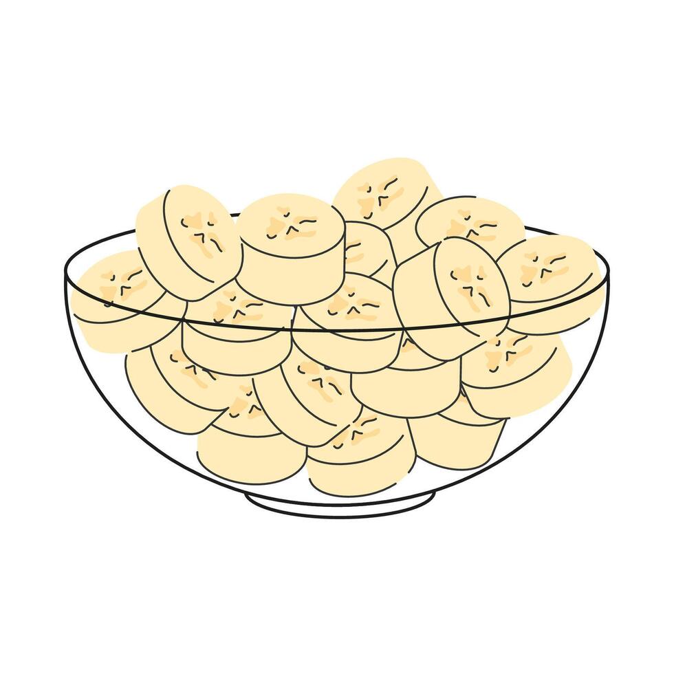 Sliced bananas in outlined glass bowl in doodle hand drawn style vector
