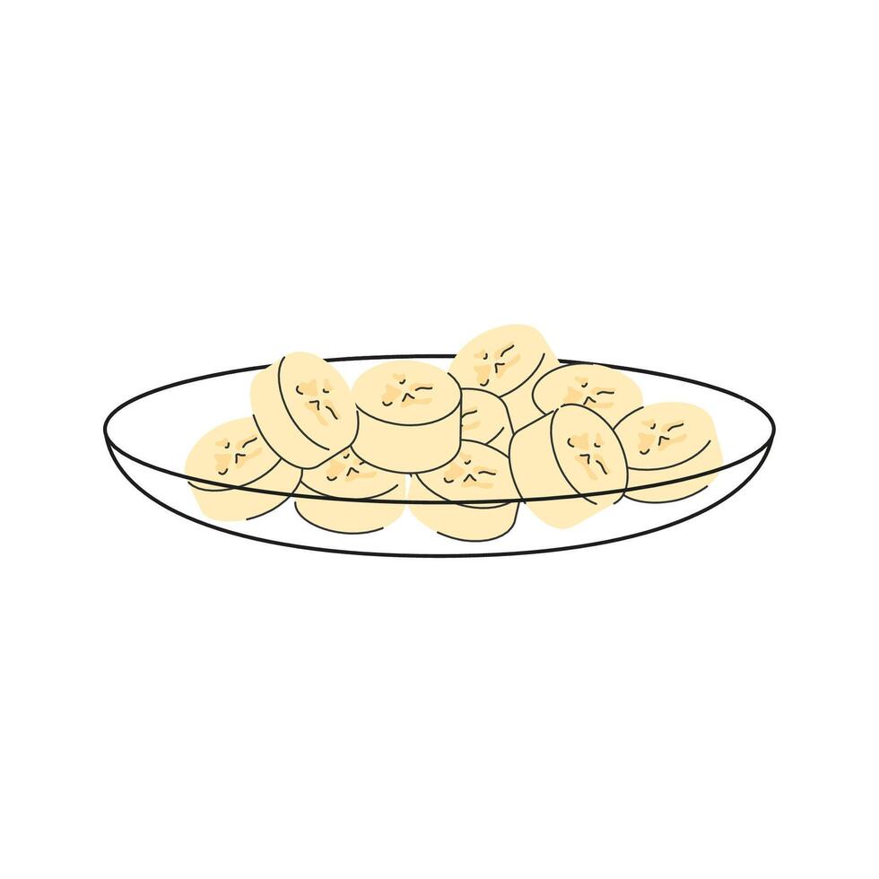 Outlined plate with sliced bananas in doodle hand drawn style Banana slices sketch vector