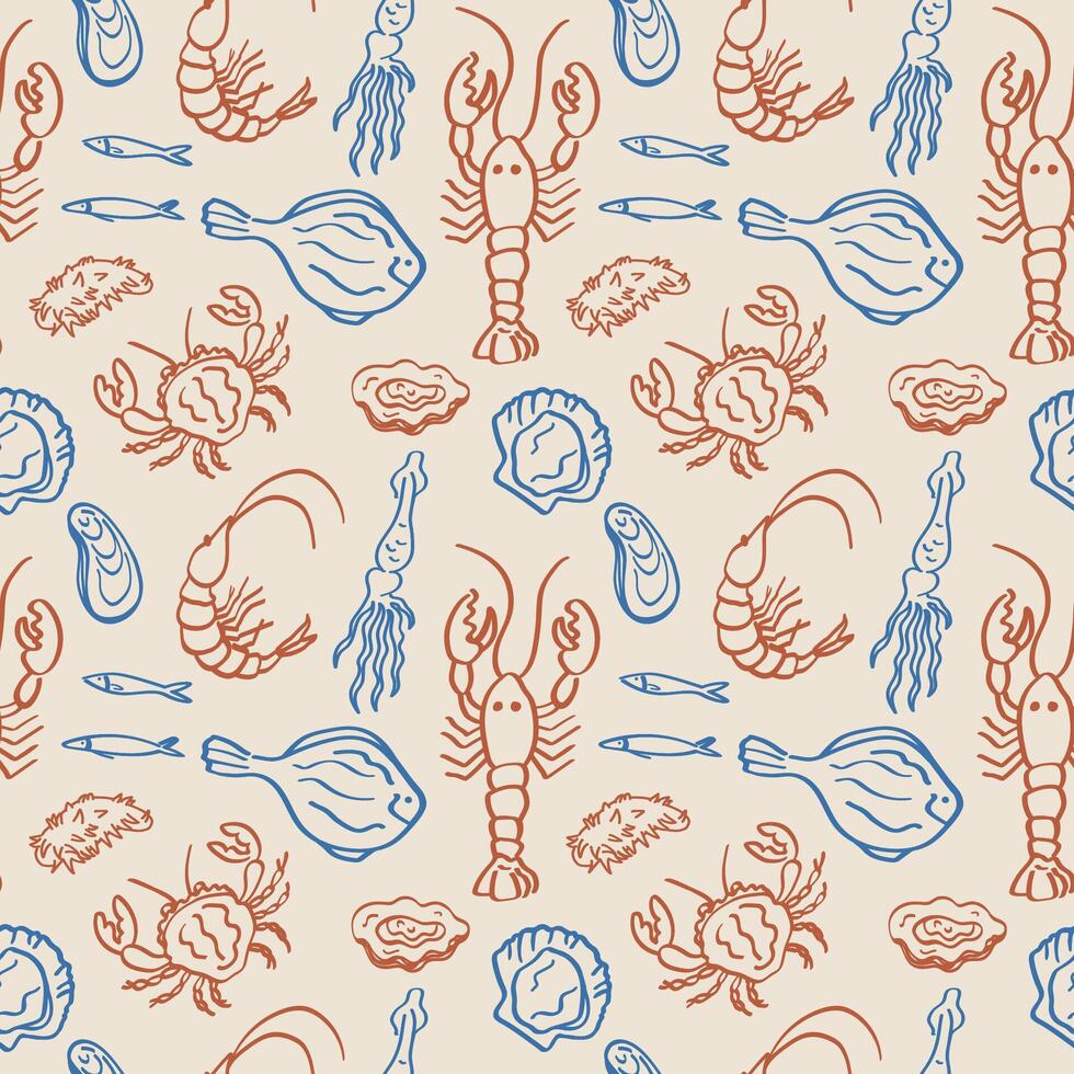 Seafood seamless pattern hand drawn illustration. Repeating background with fish, oysters, mussels, crab, lobsters, clams, mussels, sardines, marine motif. Decorative ornament vector