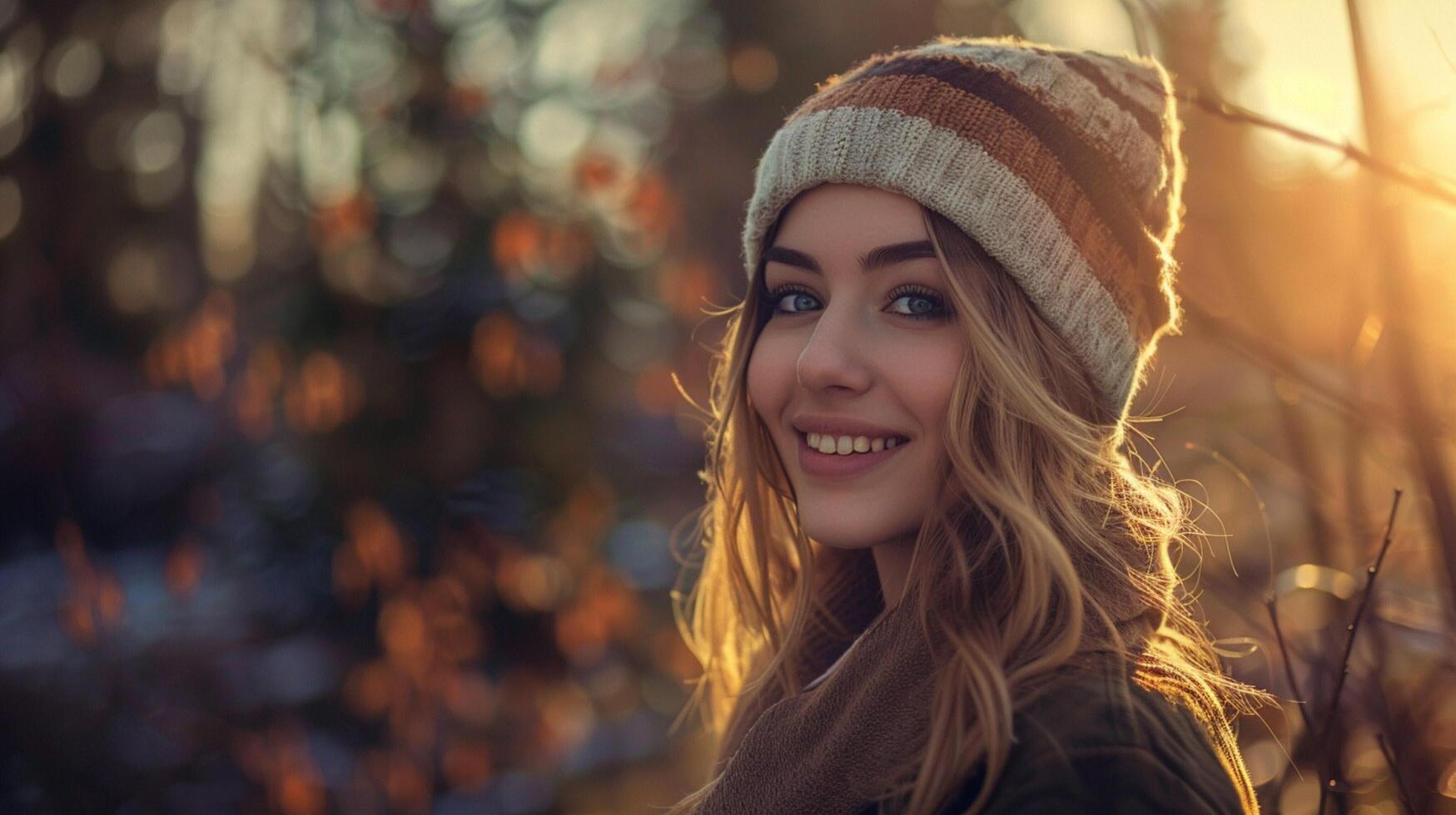 young woman outdoors looking at camera smiling photo