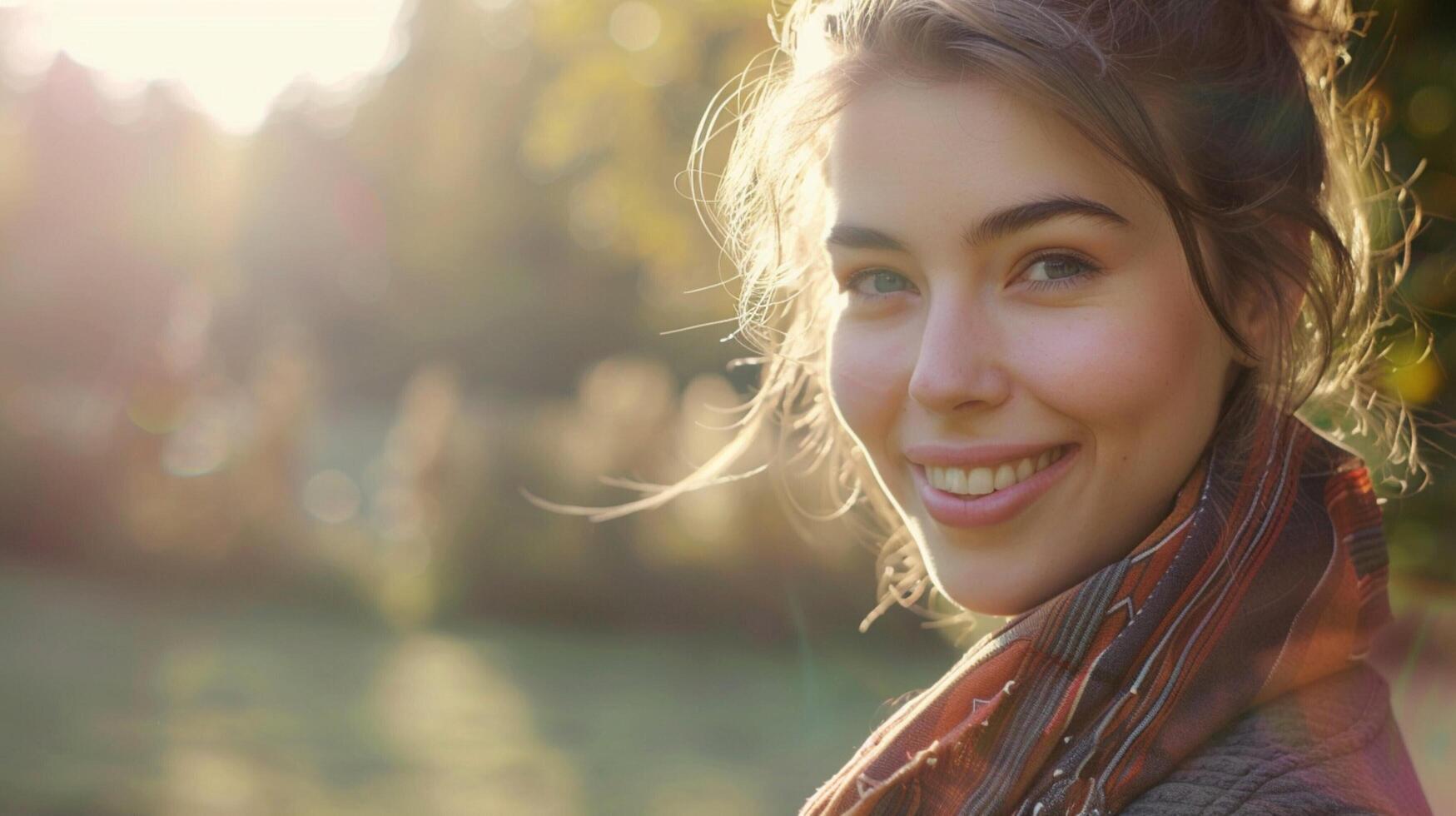 young woman outdoors looking at camera smiling photo